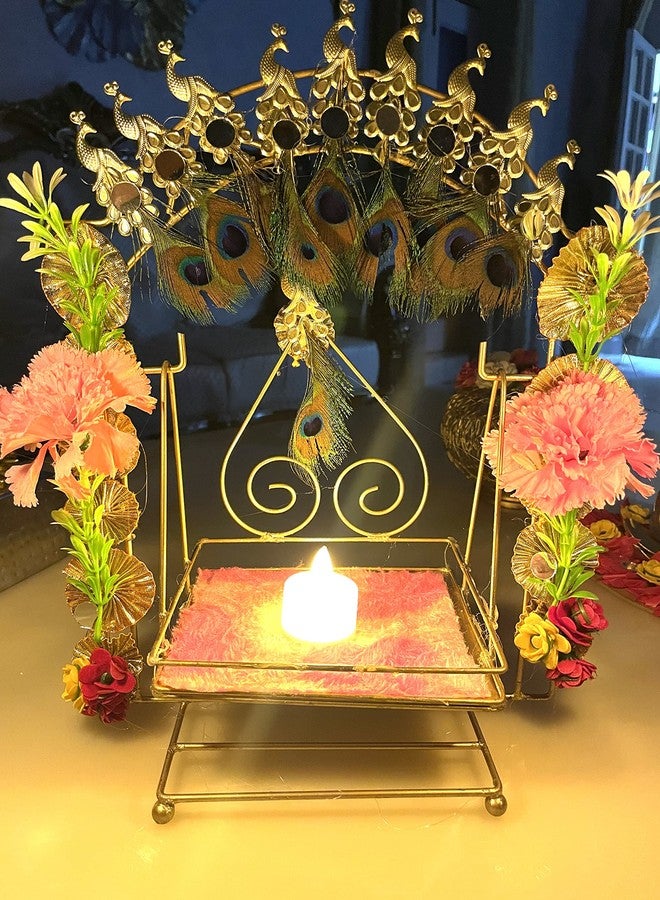 AGAAS ENTERPRISES Decorated Metal Bal Gopal Jhoola with Peacock Feather Krishna Jhula/Jhoola for Krishna Janmashtmi Swing for Bal Gopal Ladoo Gopal Kaanha/Hindola for Janamastmi Home Temple - Image 1